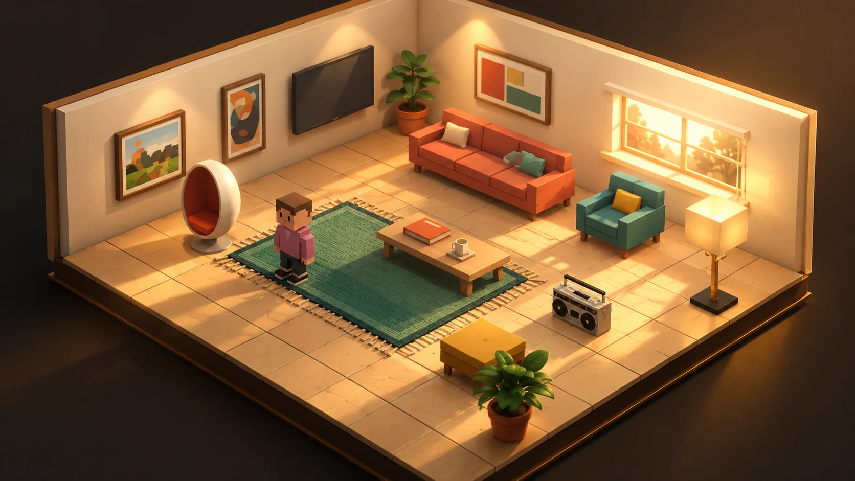 Project Habbo promotional key art: a warm isometric lounge with a coral sofa, teal rug, retro furniture, and a blocky guest in golden afternoon light
