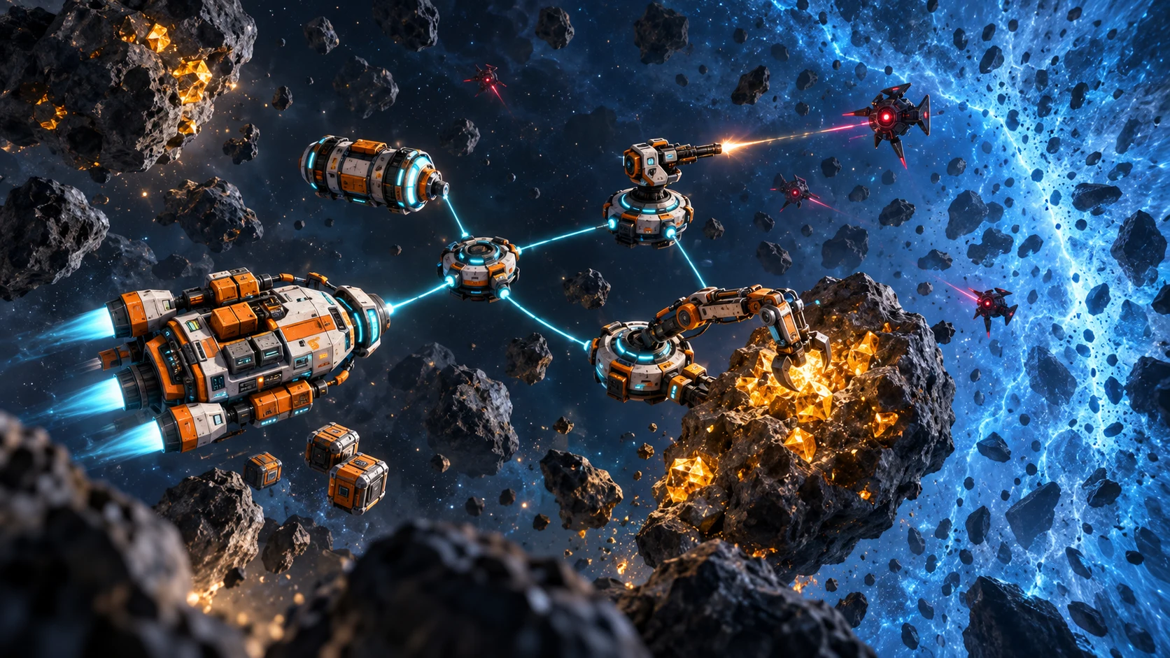 Relay Salvage promotional key art: an orange and white salvage tug powers cyan-linked mining and defense modules beside glowing amber asteroids and an advancing blue debris storm